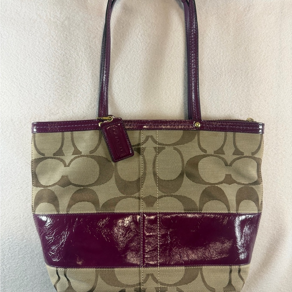 Coach Signature Berry Stripe Patent Leather Tote Shoulder Bag, Berry Red/Pinkish